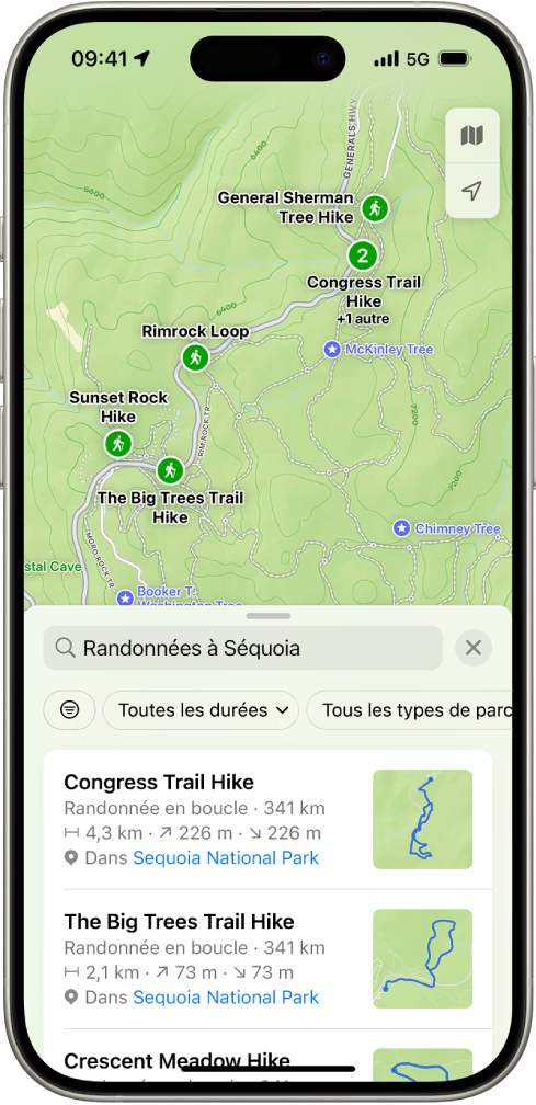 L’app Plans affichant des résultats pour une recherche de randonnées dans un parc national.