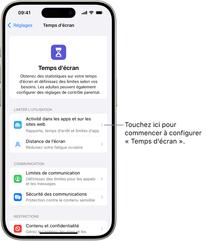 L’écran pour configurer Temps d’écran montrant le bouton Activité dans les apps et sur les sites web.