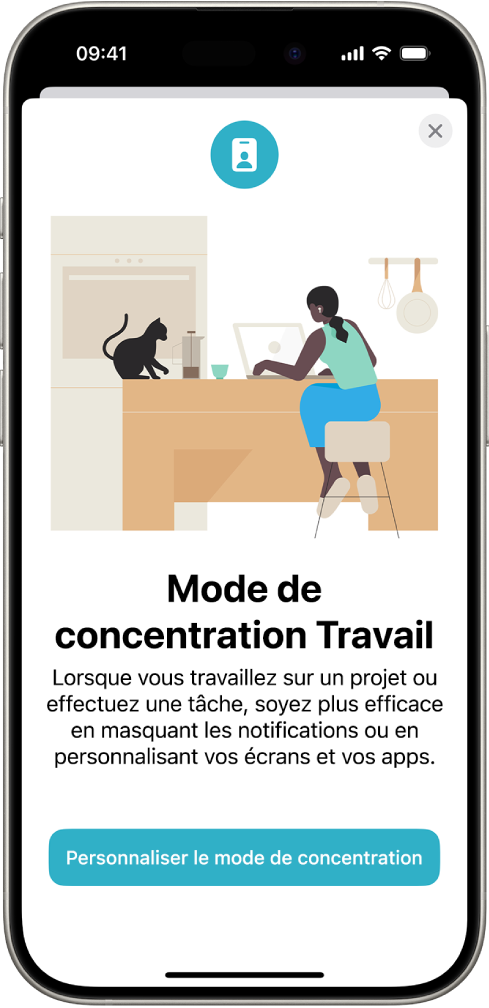 Un écran affichant quatre modes de concentration fournis : « Ne pas déranger », « Temps pour soi », Repos et Travail. Le bouton « Partage entre les appareils » vous permet d’utiliser les mêmes réglages Concentration sur tous vos appareils Apple sur lesquels vous êtes connecté au même compte Apple.