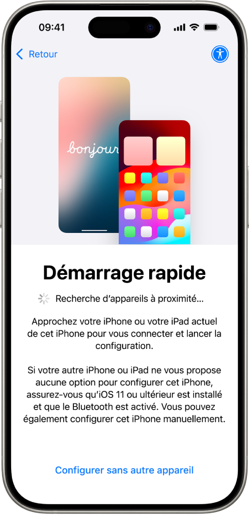 L’écran « Démarrage rapide », avec des options pour la configuration de votre iPhone en l’approchant d’un autre iPhone ou iPad, ou sa configuration sans recourir à un autre appareil.