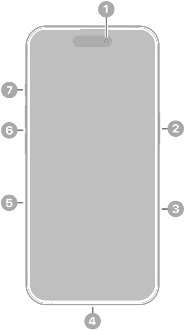 La vue de face de l’iPhone 16 Pro. La caméra avant se trouve en haut au centre. Le bouton latéral est situé sur le côté droit. Le connecteur Lightning se trouve en bas. Sur le côté gauche, de bas en haut, se trouvent le support pour carte SIM, les boutons de volume et le bouton Action.