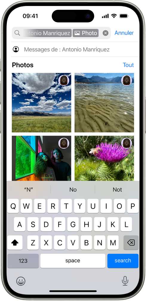 Le champ de recherche dans l’app Messages. Il contient un tag qui limite la recherche aux photos envoyées par une personne en particulier.