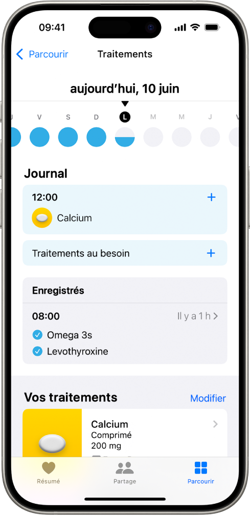 L’écran Traitements dans Santé, avec la date et un journal des traitements.