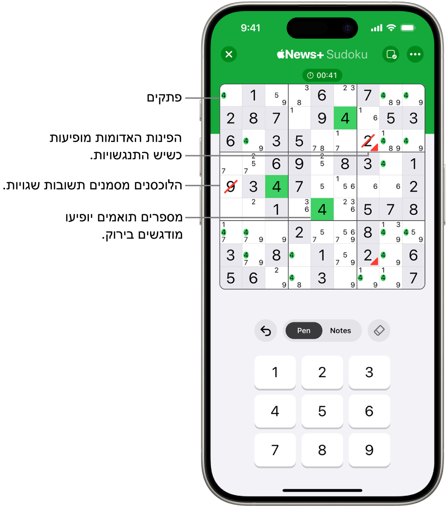 תשבץ סודוקו שבו הופעלו כמה מאפיינים: Notes (הערות), Highlight Matching Numbers (הדגשת מספרים תואמים), Show Conflicts (הצגת התנגשויות) ו-Autocheck (בדיקה אוטומטית).