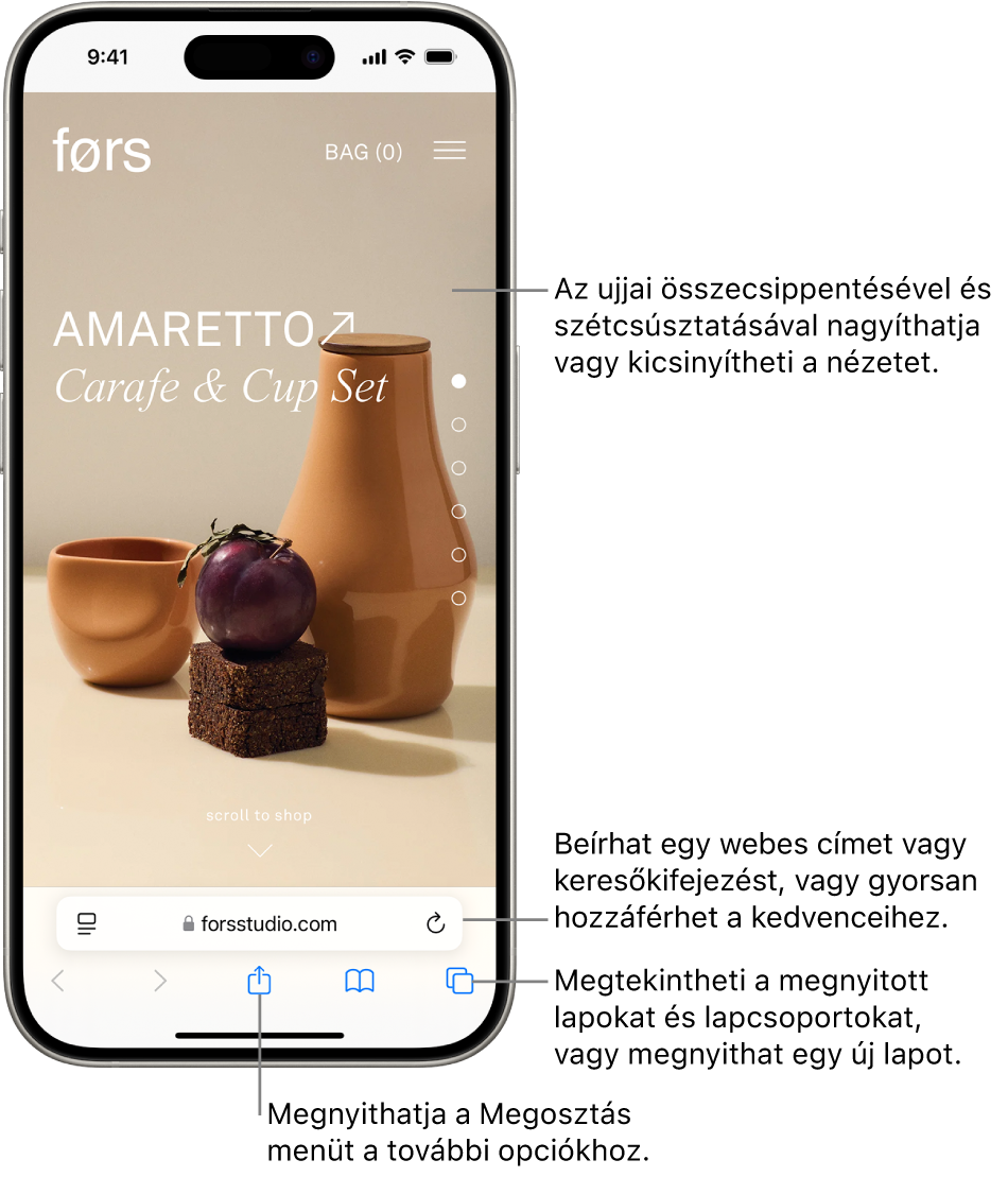 Megnyitott webhely a Safariban, alul a címmezővel. Alul balról jobbra haladva a következő gombok láthatók: Vissza, Előre, Megosztás, Könyvjelzők és Lapok.