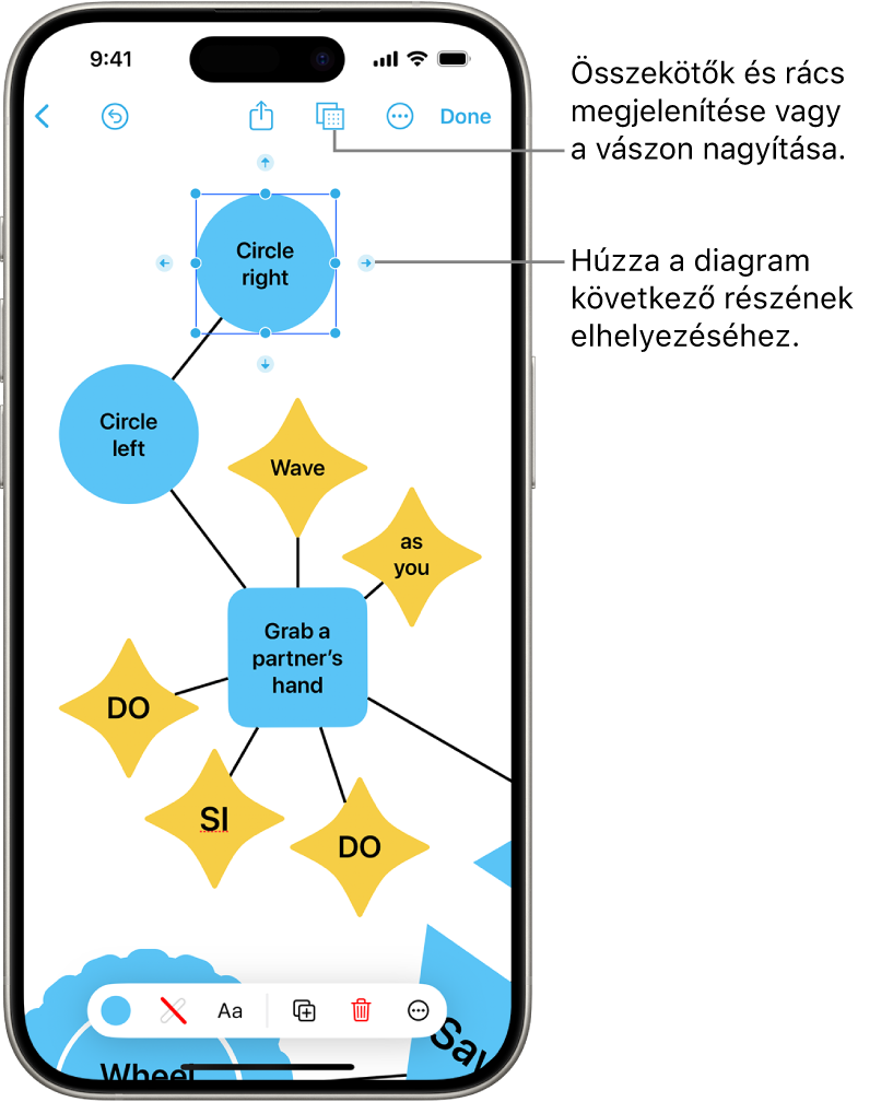 Egy diagram látható egy Freeform-táblán, a kiválasztott alakzaton látható összekötőkkel és a képernyő alján látható alakzatformázó eszközökkel.