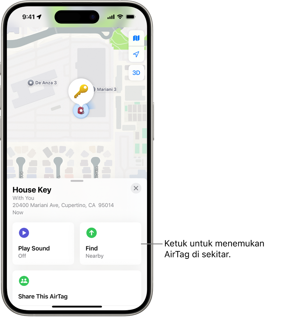 App Lacak dibuka, menampilkan kunci Doni di Taman Golden Gate. Ketuk tombol Temukan untuk menemukan AirTag di sekitar.