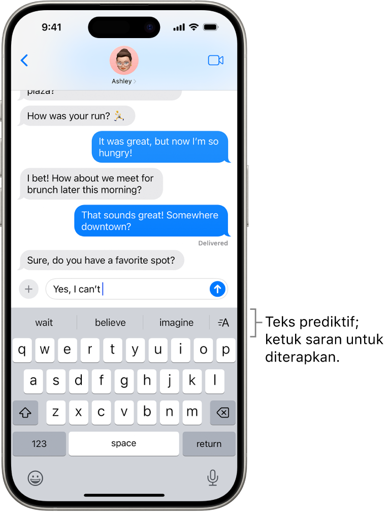 Papan ketik pada layar terbuka di app Pesan. Teks dimasukkan di bidang teks dan di atas papan ketik adalah saran teks prediktif untuk kata berikutnya.