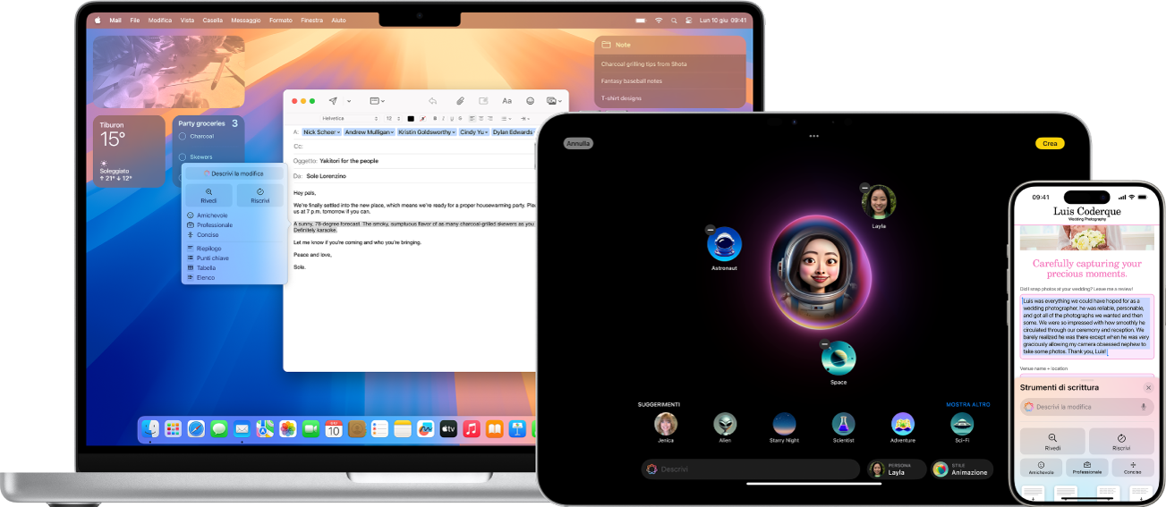 Le funzionalità di Apple Intelligence su un Mac, un iPad e un iPhone.