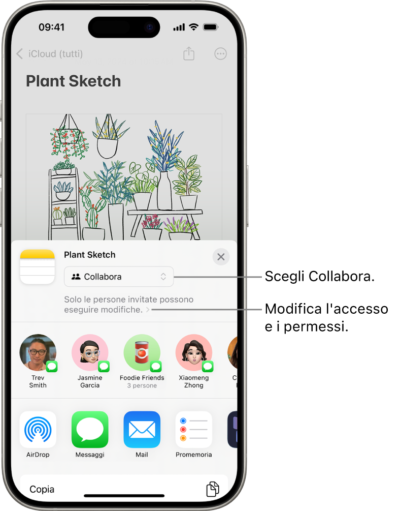L’invito a una collaborazione a un disegno in Note. L’opzione di condivisione è Collabora e l’impostazione di accesso e dei permessi è “Solo le persone che inviti possono modificare”. In una riga sottostante, sono presenti quattro possibili destinatari, tra cui un gruppo. La riga inferiore offre vari metodi per condividere la nota: AirDrop, Messaggi, Mail e Freeform.