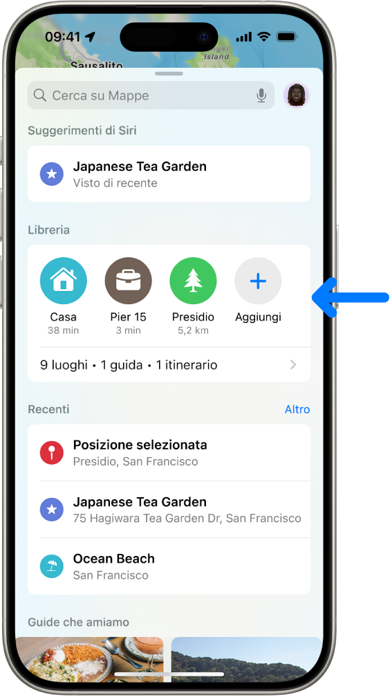L’app Mappe con i contrassegni nella libreria, le ricerche recenti e le guide consigliate.