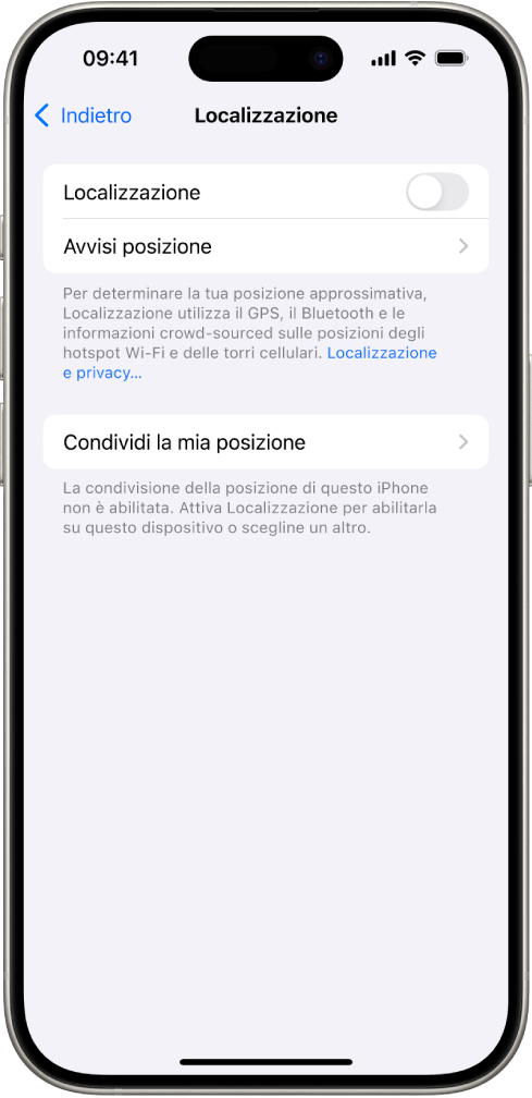 La schermata Localizzazione con le impostazioni per condividere la posizione di iPhone con altre app.