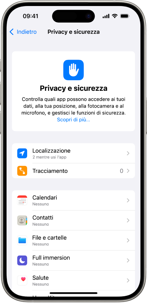 La schermata “Privacy e sicurezza” con le impostazioni per Localizzazione e Tracciamento, oltre alle opzioni per controllare le app che hanno accesso ai tuoi dati.