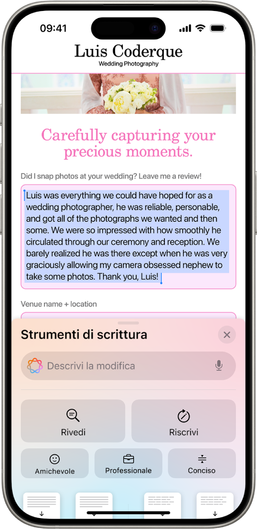 iPhone che mostra del testo evidenziato nella parte superiore dello schermo e il pannello degli strumenti di scrittura in basso. Il pannello di scrittura mostra un campo in alto dove puoi descrivere la modifica che desideri. Sotto sono presenti le opzioni degli strumenti di scrittura.