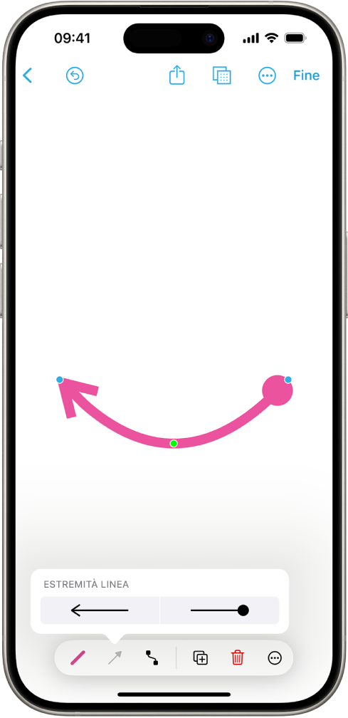 Una linea di collegamento su una lavagna di Freeform con punti blu e verdi per modificare la forma e la curva.