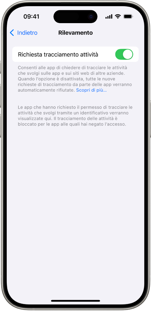 La schermata Tracciamento, con un’impostazione per controllare se le app possono chiederti di tracciare le attività che svolgi su siti web o app di terze parti.