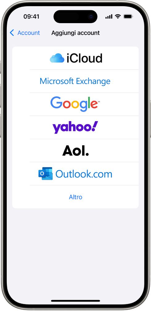 La schermata “Aggiungi account”, dove è possibile scegliere un account iCloud, Microsoft Exchange, Google, Yahoo, AOL e Altro.