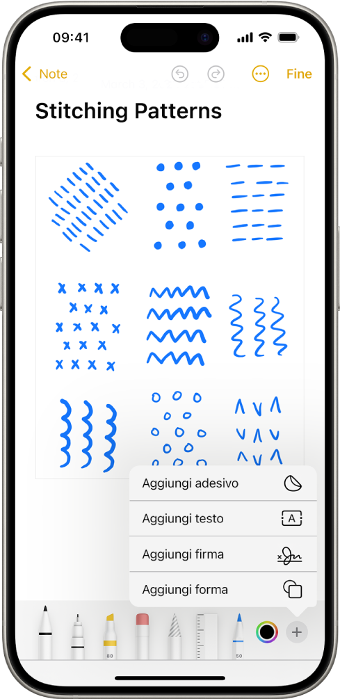 La barra degli strumenti di modifica è aperta nella parte inferiore di una nota nell’app Note e il pulsante Aggiungi nell’angolo in basso a destra dello schermo è selezionato. Nel menu Aggiungi sono disponibili le seguenti opzioni: “Aggiungi adesivo”, “Aggiungi testo”, “Aggiungi firma” e “Aggiungi forma”.