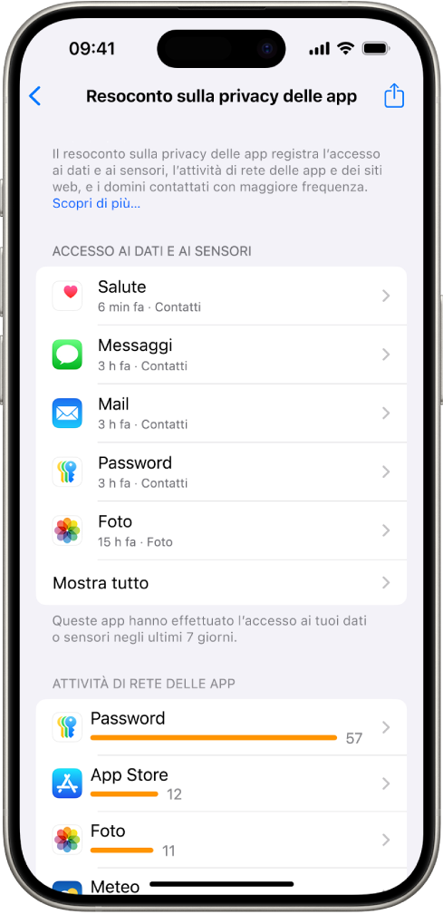 Un resoconto sulla privacy delle app che elenca le informazioni sulle app per la categoria “Accesso ai dati e ai sensori” e informazioni per la categoria “Attività di rete delle app”.