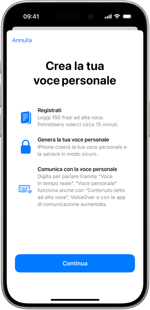 iPhone che mostra informazioni su come creare una voce personale.