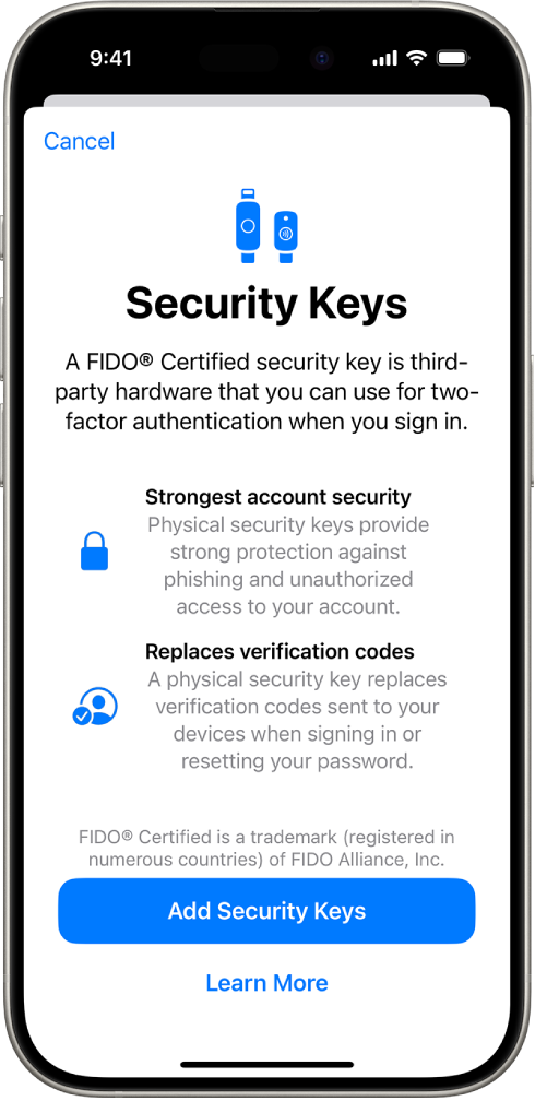 Security Keys sveiciena ekrāns. Netālu no apakšas atrodas poga Add Security Keys un saite Learn More. Virs tām ir paskaidrojuma teksts par drošības atslēgu izmantošanas priekšrocībām.