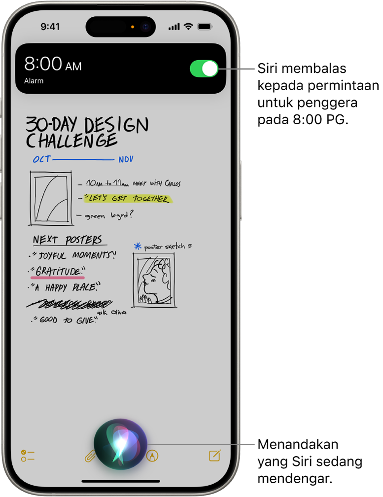 Skrin iPhone. Berdekatan bahagian atas skrin, pemberitahuan daripada app Jam menunjukkan penggera disetkan pada jam 8:00 pagi. Ikon di bahagian bawah skrin menunjukkan bahawa Siri sedang mendengar.