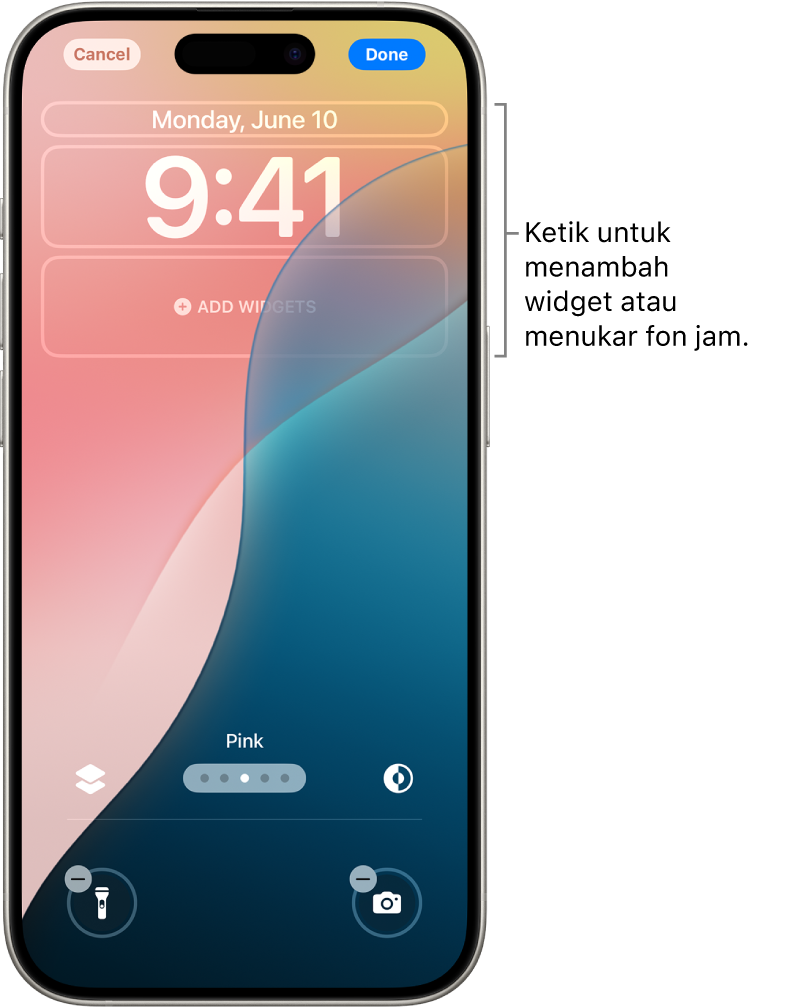 Skrin Kunci tersuai sedang diedit. Unsur yang tersedia untuk penyesuaian dipilih—tarikh, masa dan butang untuk menambah widget.