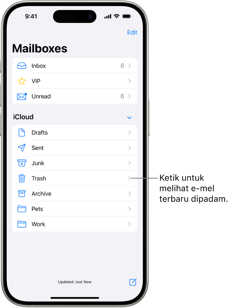 Skrin Peti Mel. Di bawah iCloud, peti mel disenaraikan dari atas ke bawah, termasuk peti mel Sarap. Ketik peti untuk melihat mesej terbaru dipadam.