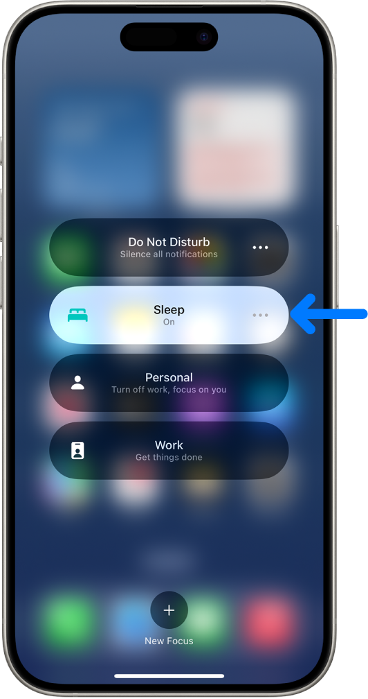 Sleep Focus ကိုဖွင့်ထားပြီး Do Not Disturb Focus၊ Personal Focus နှင့် Work Focus ကိုပိတ်ထားသည့် Focus ဖန်သားပြင်။