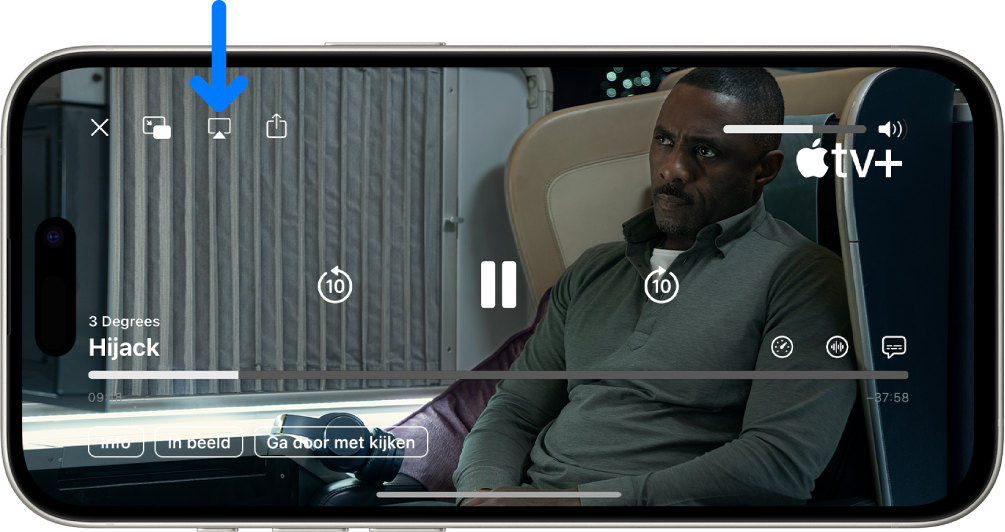 Een film die wordt afgespeeld op het iPhone-scherm. In het midden van het scherm staan de afspeelregelaars. Linksbovenin staat de AirPlay-knop.