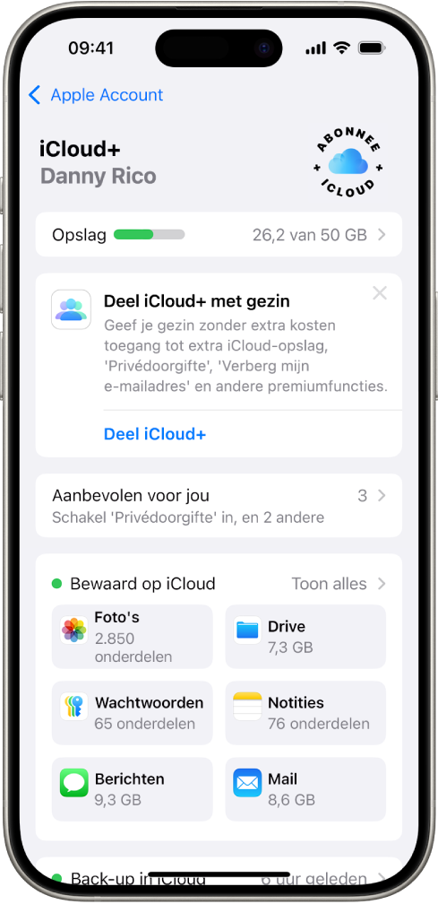 Het scherm met iCloud-instellingen. Je ziet de iCloud-opslagmeter en een lijst met apps en functies, zoals Foto's, iCloud Drive en iCloud Mail, die met iCloud kunnen worden gebruikt.