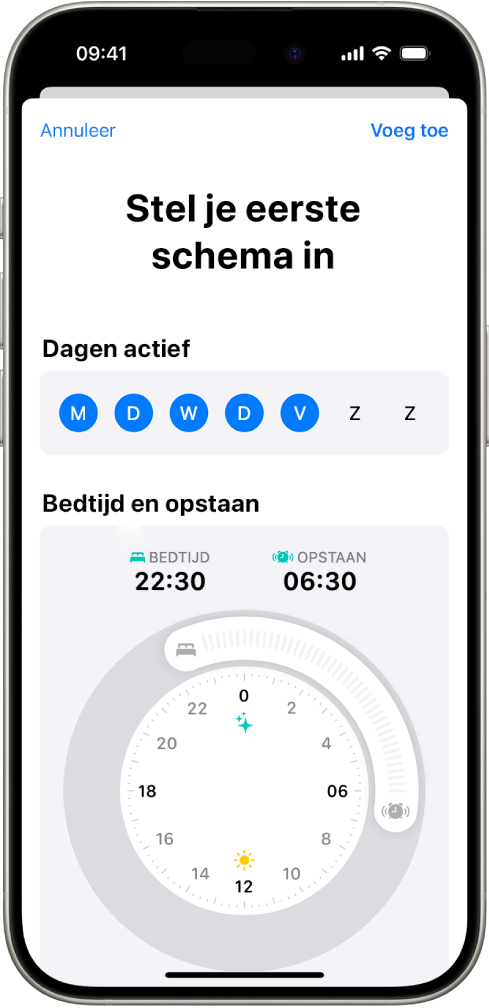 Het scherm 'Stel je eerste schema in' in Gezondheid, met een gedeelte 'Dagen actief' en een klok voor Bedtijd en Opstaan.