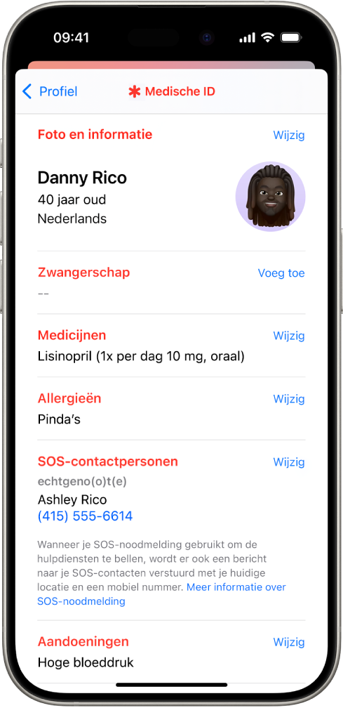 Een scherm van je medische ID, met gegevens zoals geboortedatum, medicijnen, allergieën, contactpersonen voor noodgevallen en medische aandoeningen.