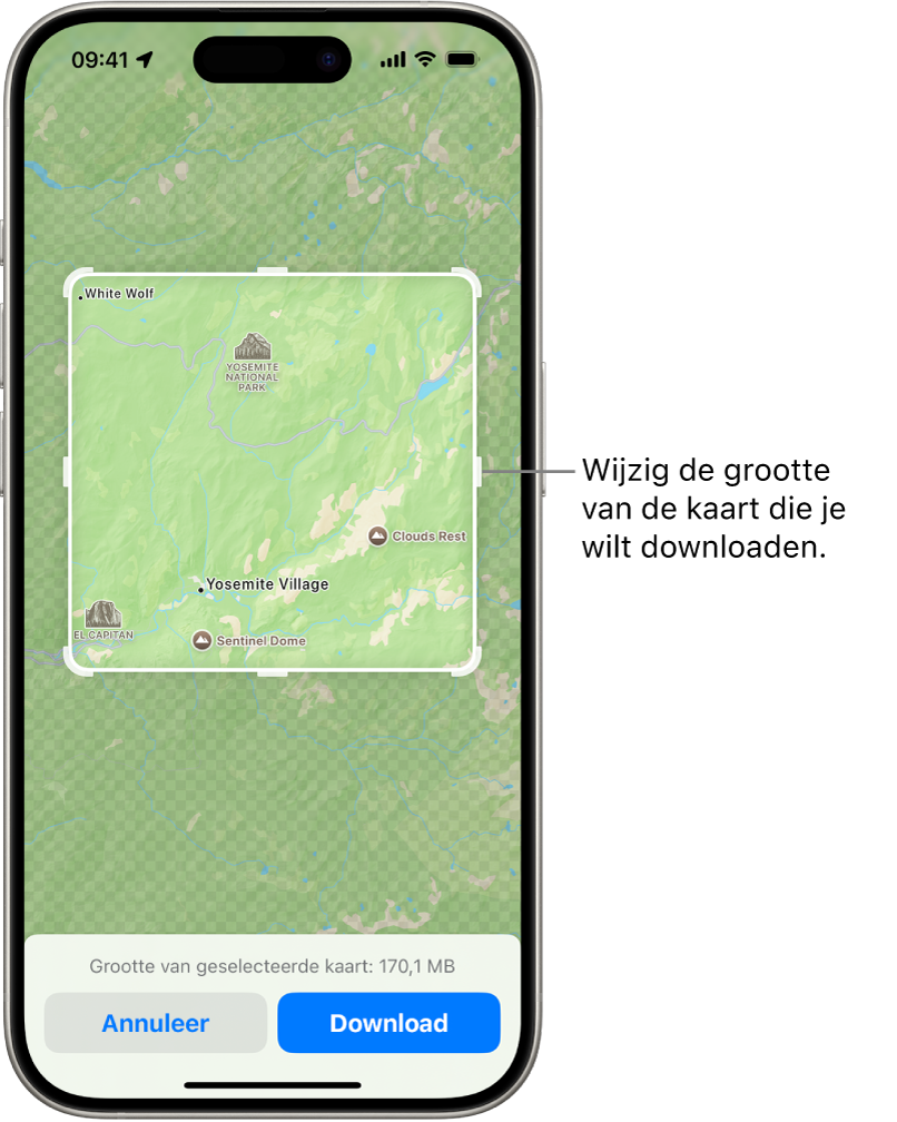 Een kaart van een nationaal park. Rond het park staat een kader met grepen. Je kunt deze verplaatsen om de grootte aan te passen van de kaart die je wilt downloaden. De downloadgrootte van de geselecteerde kaart wordt eronder weergegeven. Onder in het scherm staan de annuleerknop en de downloadknop.