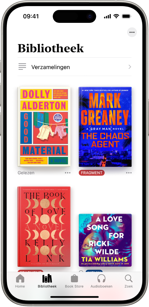 Het scherm 'Bibliotheek' in de Boeken-app. Boven in het scherm staat de knop 'Verzamelingen'. In het midden van het scherm staan boekomslagen. Onder in het scherm staan van links naar rechts de tabs 'Home', 'Bibliotheek', 'Book Store', 'Audioboeken' en 'Zoek'. De tab 'Bibliotheek' is geselecteerd.