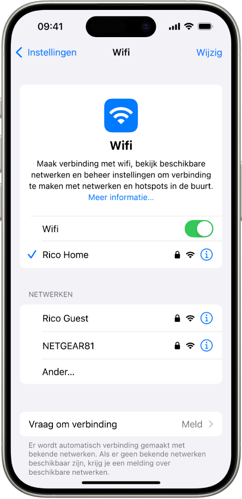 Het scherm met wifiopties in Instellingen. 'Wifi' is ingeschakeld en een netwerk is geselecteerd.