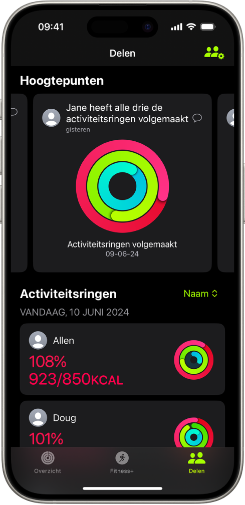 Het scherm 'Delen' in Conditie, waarin de activiteitsringen en activiteitsoverzichten van de gebruiker met vrienden worden gedeeld.