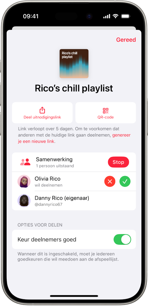 Het scherm 'Beheer samenwerking' in de Muziek-app.