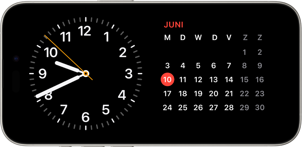 iPhone in horizontale positie. Links op het scherm wordt een klok weergegeven en rechts staat de datum.