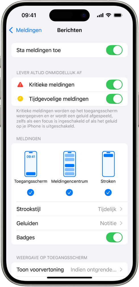 iPhone met Berichten-instellingen voor meldingen.