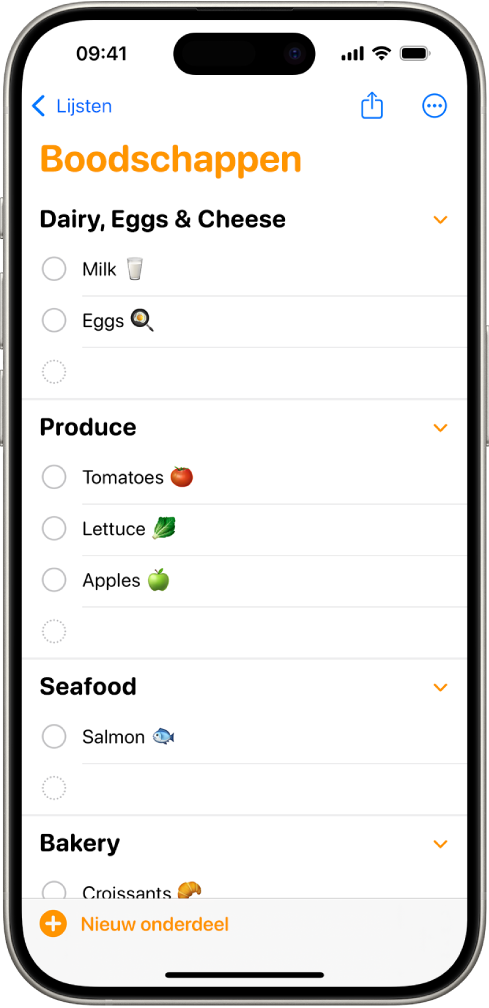 Een boodschappenlijstje in de Herinneringen-app.