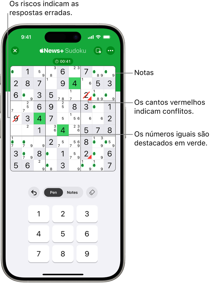 Um puzzle de sudoku com diversos recursos ativados: Notes, Highlight Matching Numbers, Show Conflicts e Autocheck.