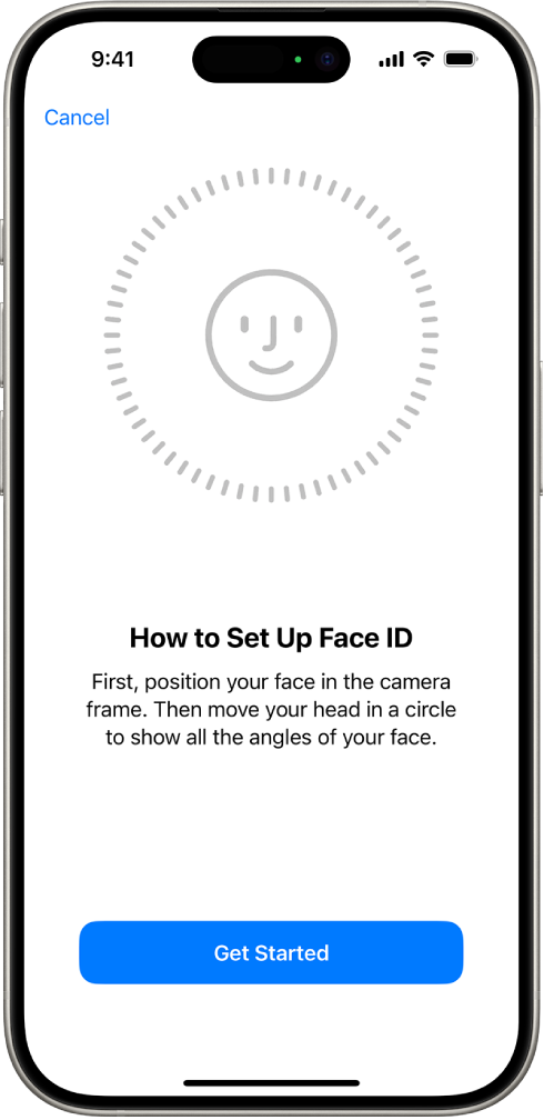 O ecrã de configuração do reconhecimento através do Face ID. No ecrã, está um rosto enquadrado num círculo. Por baixo do rosto, o texto indica ao utilizador que deve mover a cabeça devagar para completar o círculo.