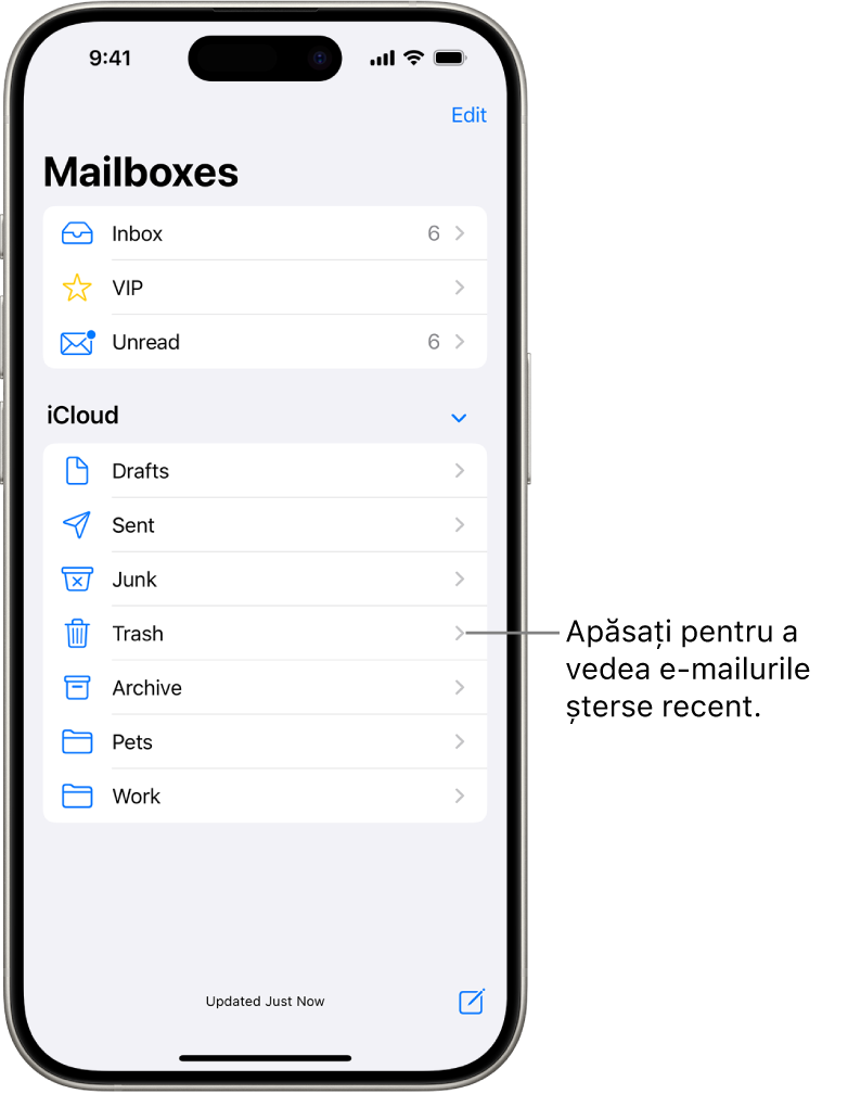 Ecranul Cutii poștale. Sub iCloud, cutiile poștale sunt listate de sus în jos, inclusiv cutia poștală Coș. Apăsați pe aceasta pentru a vedea mesajele șterse recent.