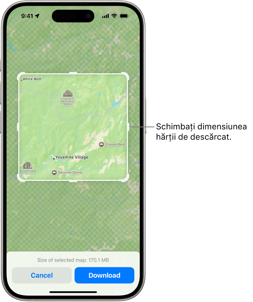 Harta unui parc național. Parcul este încadrat de un dreptunghi cu mânere, care pot fi mutate pentru a schimba dimensiunea hărții de descărcat. Dimensiunea de descărcare a hărții selectate este indicată în apropierea părții de jos a hărții. Butoanele Anulați și Descărcați se află în partea de jos a ecranului.