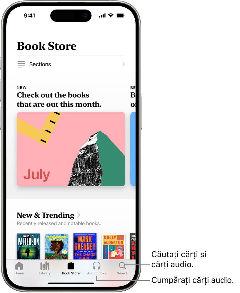 Ecranul Book Store din aplicația Cărți. În partea de jos a ecranului, de la stânga la dreapta, se află filele Acasă, Bibliotecă, Book Store, Cărți audio și Căutare. Fila Book Store este selectată.
