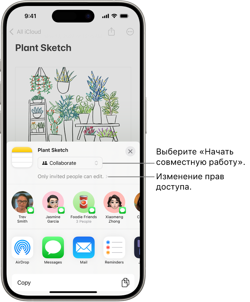 Приглашение к совместной работе над рисунком в Заметках. Показаны вариант отправки «Совместная работа» и настройка прав доступа «Редактировать могут только приглашенные участники». Ниже показан ряд из четырех возможных получателей, в том числе группа. В нижнем ряду представлены несколько вариантов для отправки заметки: AirDrop, Сообщения, Почта и Freeform.