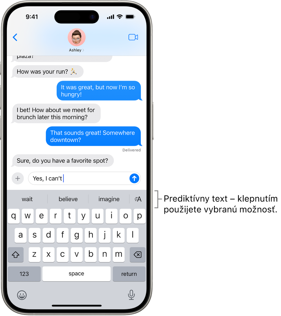 V apke Správy je otvorená dotyková klávesnica. Text sa zadáva do textového poľa a nad klávesnicou sú návrhy prediktívneho textu pre ďalšie slovo.