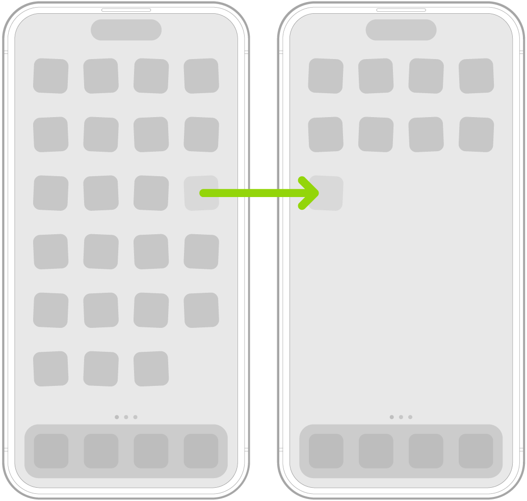 Vickande appar på hemskärmen med en pil som visar hur en app dras till nästa sida.