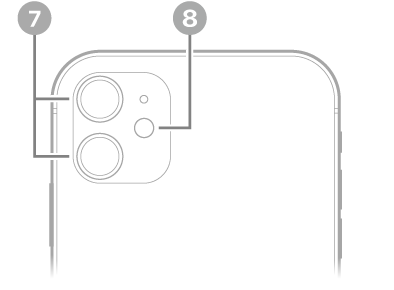 iPhone 11 后视图。后置相机和闪光灯位于左上方。